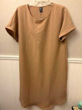 Chelsea & Violet Tan Shift Dress with Rolled Short Sleeves